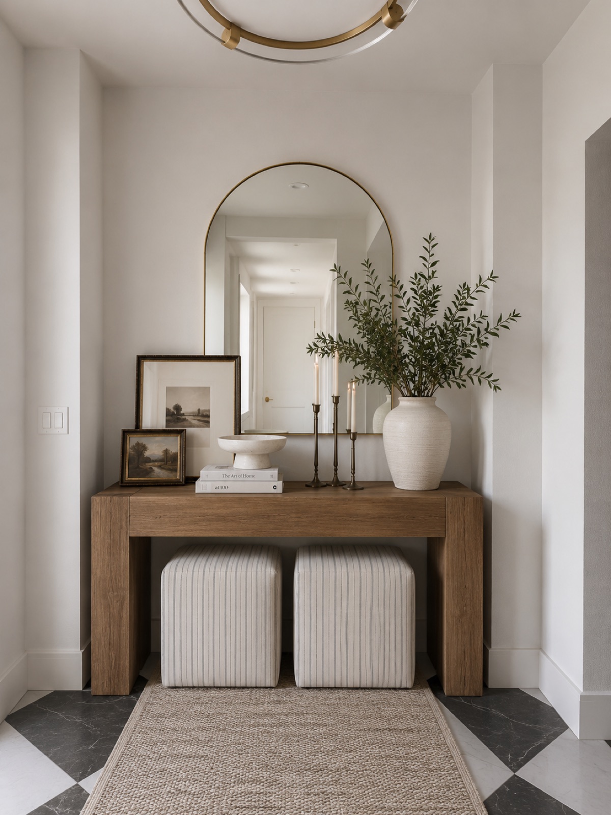 Staged entryway vignette with oak console, arched brass mirror, and olive branches