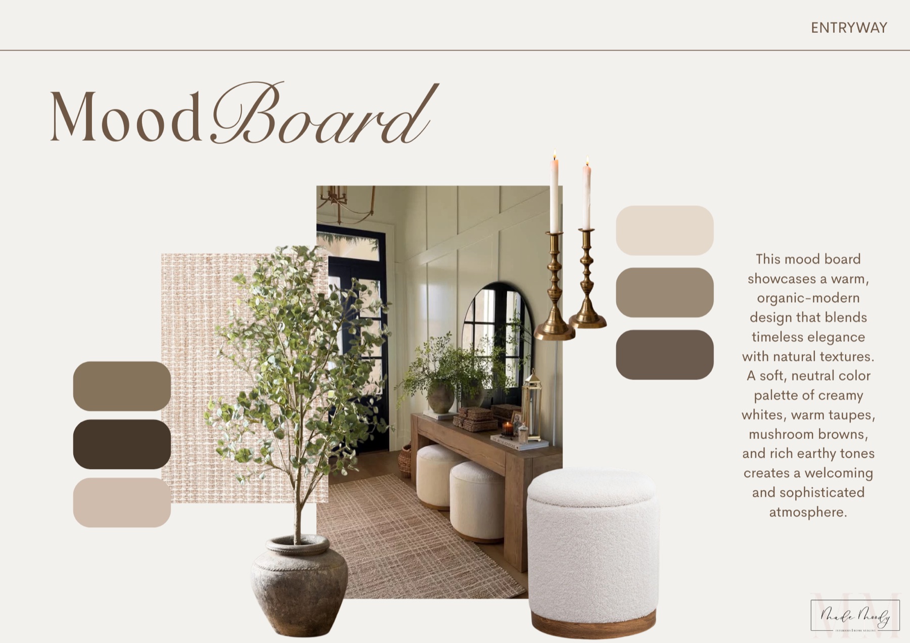 Made Moody entryway mood board with fabric swatches, brass fixtures, and palette chips