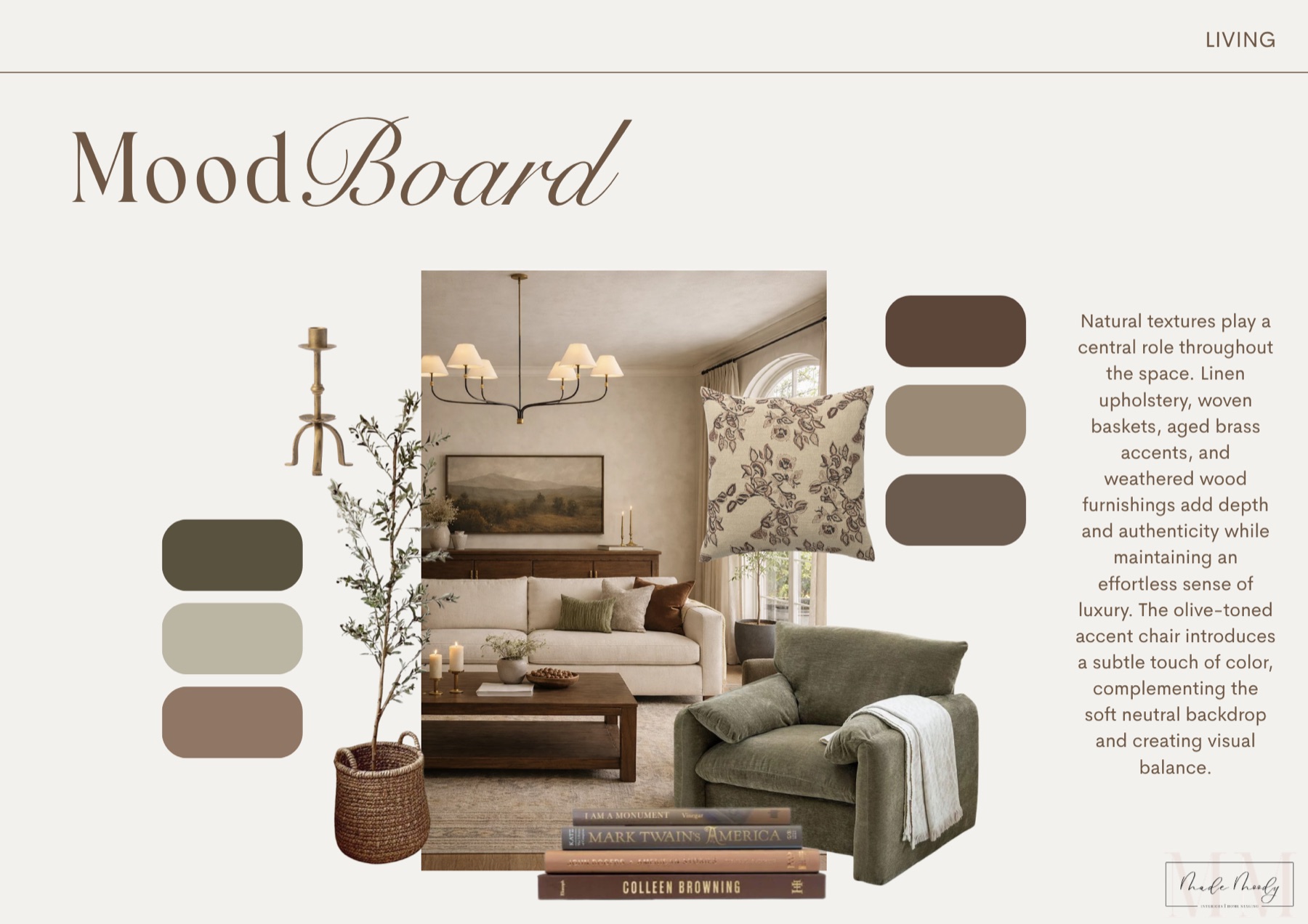Made Moody living room mood board with textures, materials, and palette chips