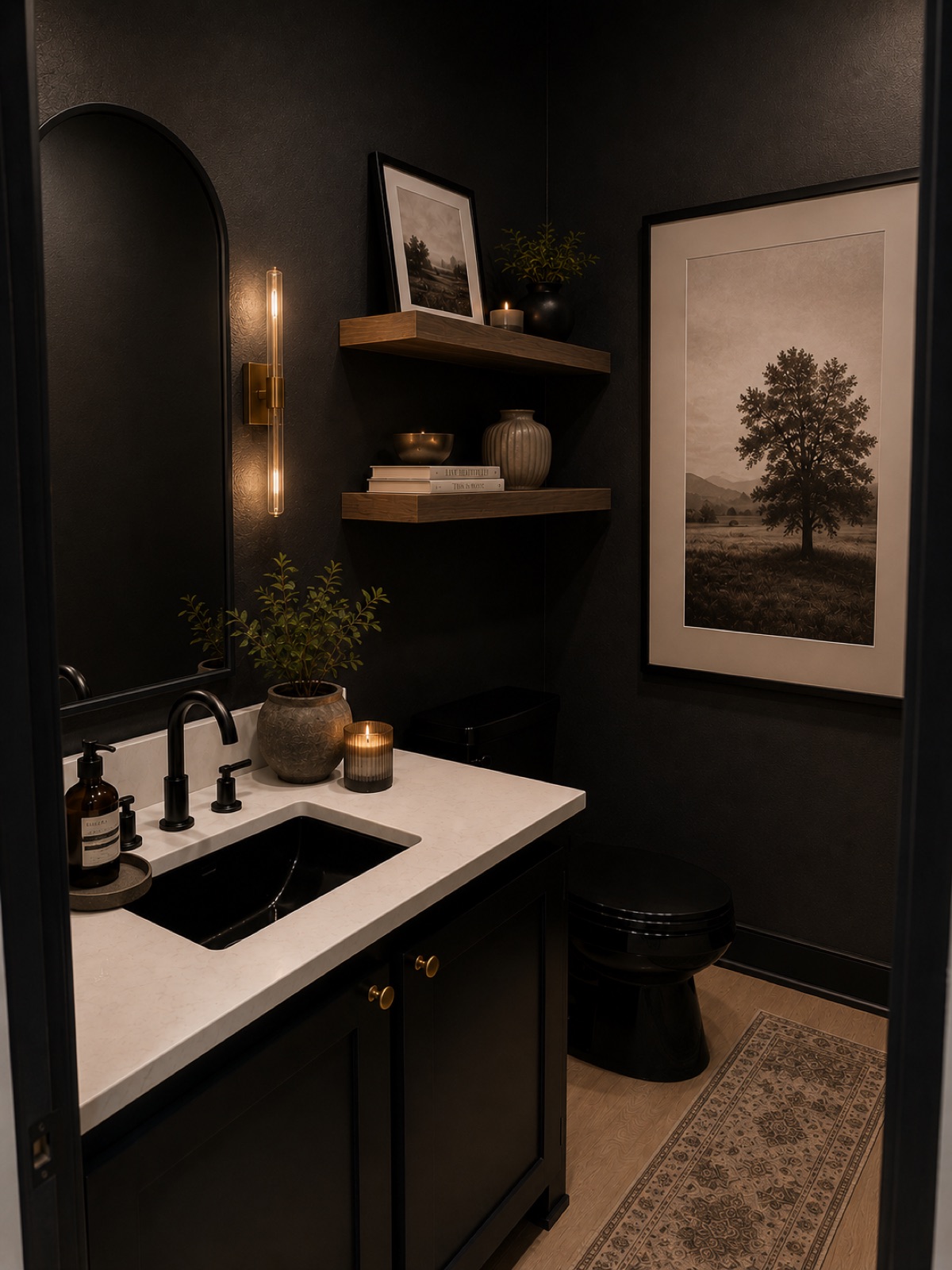 Moody black powder bath with brass sconce and tree art