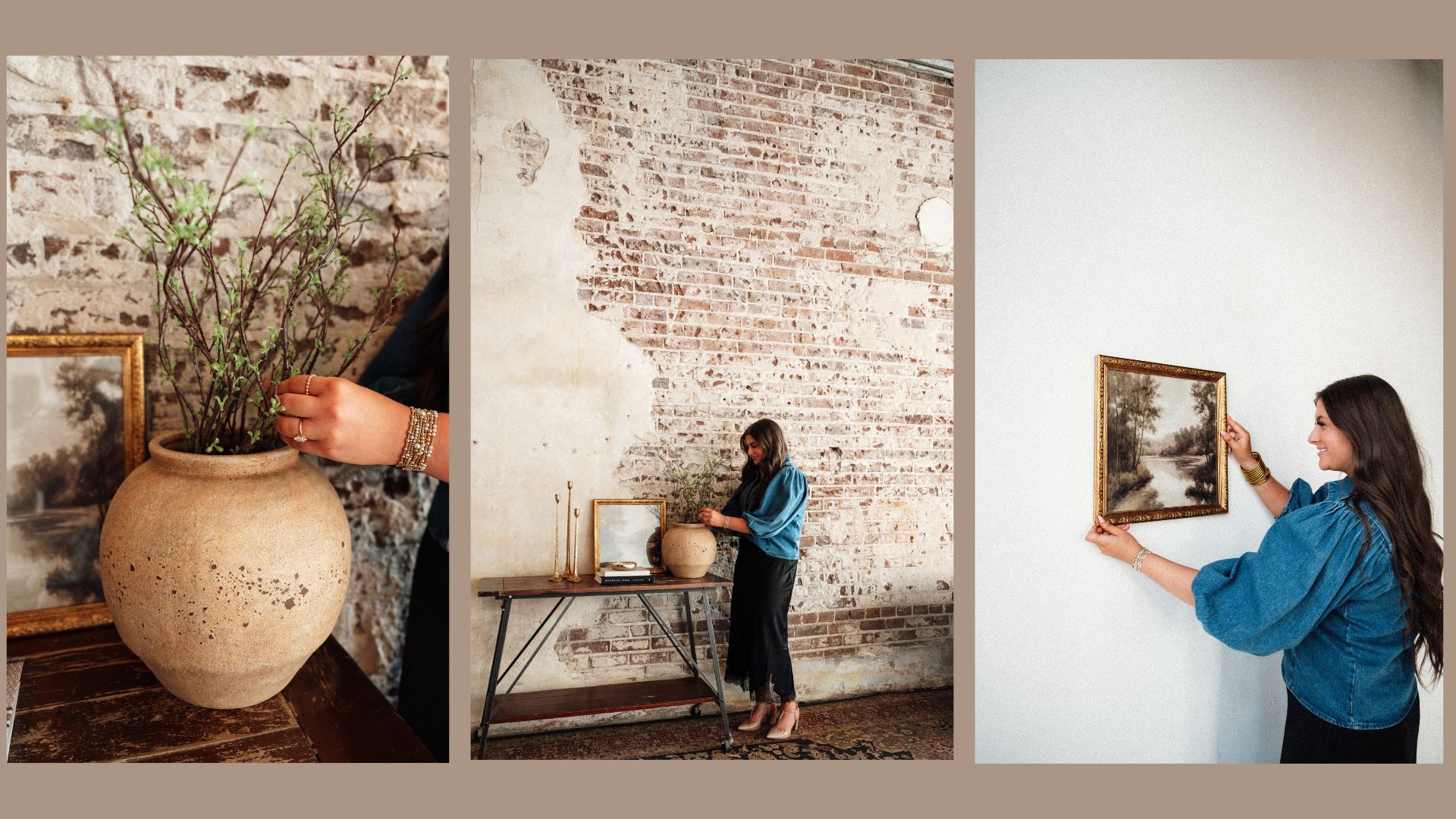 Styling vignettes with vintage art and natural textures